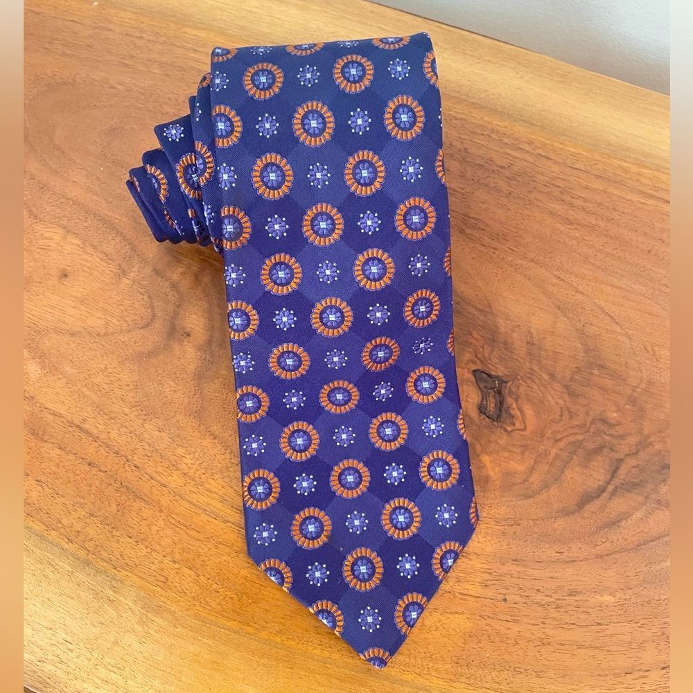 IKE BEHAR Neck Tie Orange NavyFloral Geometric Woven 100% Silk Hand Tailored USA
